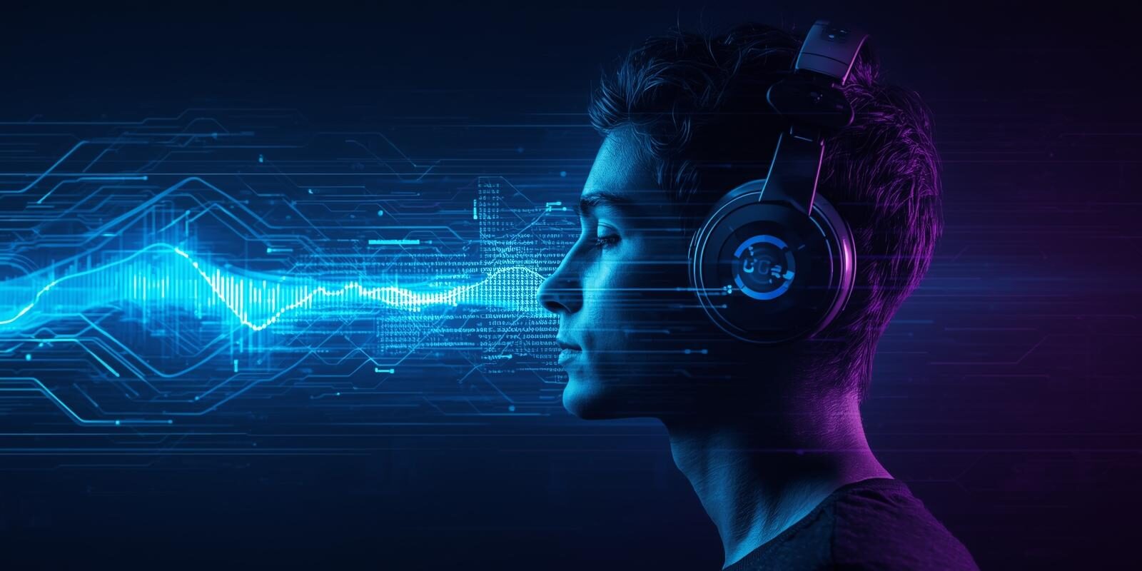 High-speed audio waveform and engineer wearing headset, illustrating SWI3S next-generation audio interface.